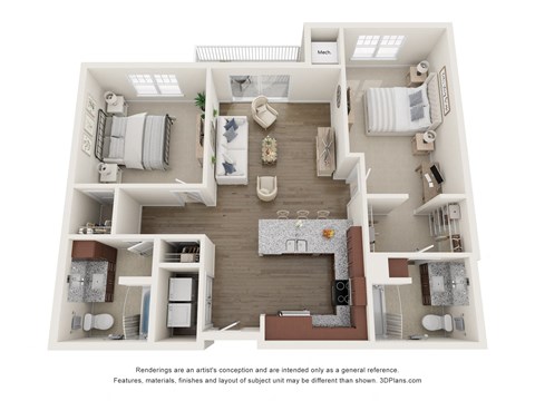 Floor plan for 2 beds, 2 baths, 1114 sqft